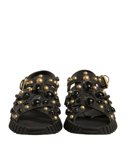 Dolce & Gabbana Black Leather Studded Slides Sandals Shoes by Dolce & Gabbana