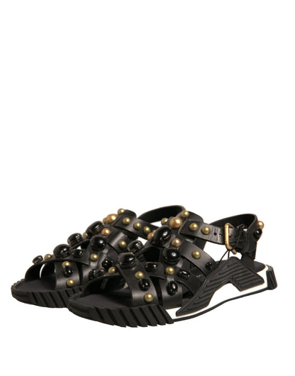Dolce & Gabbana Black Leather Studded Slides Sandals Shoes by Dolce & Gabbana