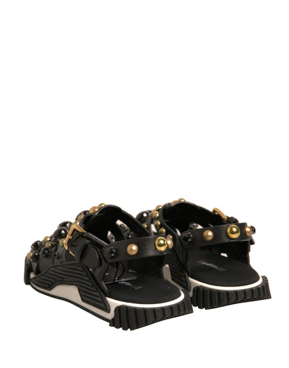 Dolce & Gabbana Black Leather Studded Slides Sandals Shoes by Dolce & Gabbana