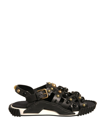 Dolce & Gabbana Black Leather Studded Slides Sandals Shoes by Dolce & Gabbana