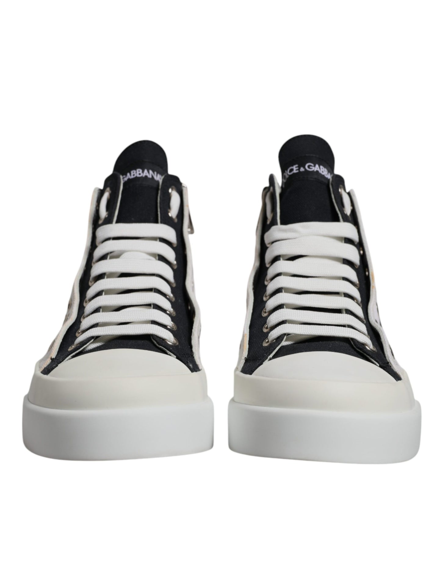 Dolce & Gabbana White Black Cotton High Top Sneakers Shoes by Dolce & Gabbana