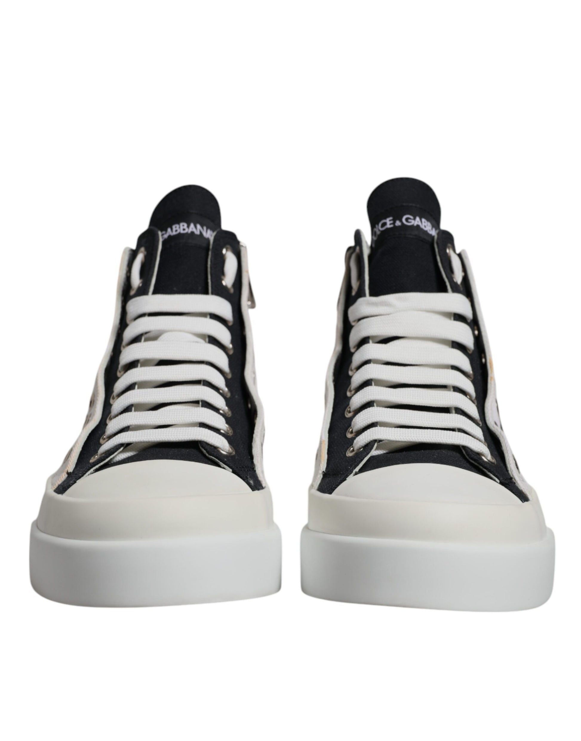 Dolce & Gabbana White Black Cotton High Top Sneakers Shoes by Dolce & Gabbana