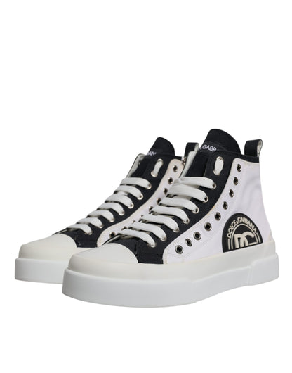 Dolce & Gabbana White Black Cotton High Top Sneakers Shoes by Dolce & Gabbana