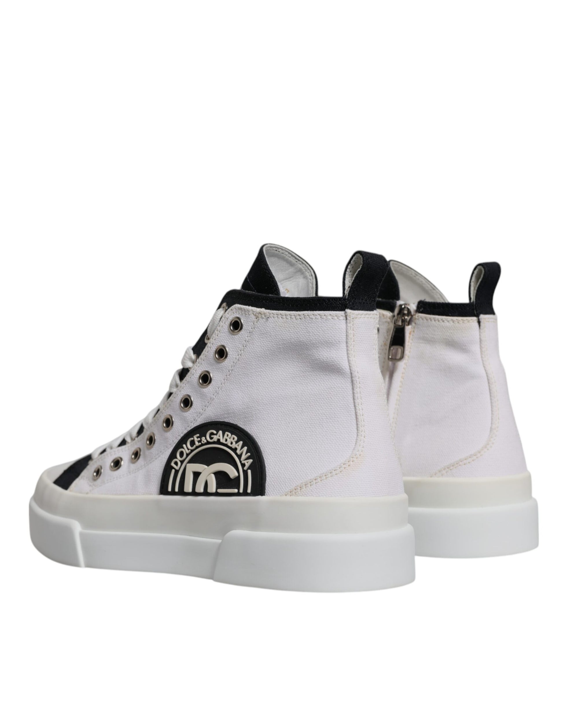 Dolce & Gabbana White Black Cotton High Top Sneakers Shoes by Dolce & Gabbana