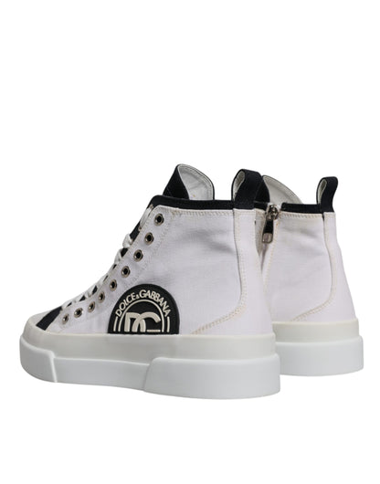 Dolce & Gabbana White Black Cotton High Top Sneakers Shoes by Dolce & Gabbana