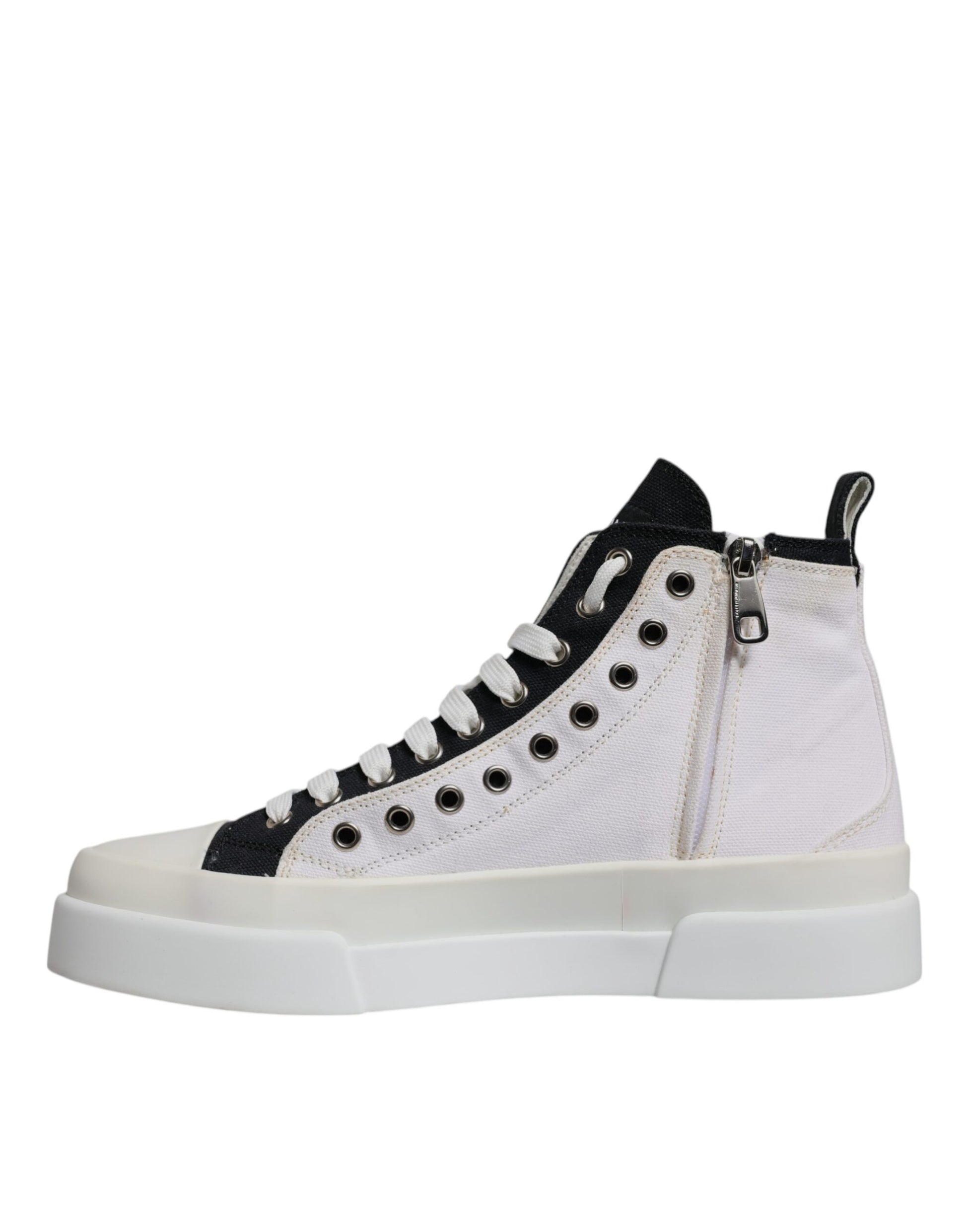 Dolce & Gabbana White Black Cotton High Top Sneakers Shoes by Dolce & Gabbana