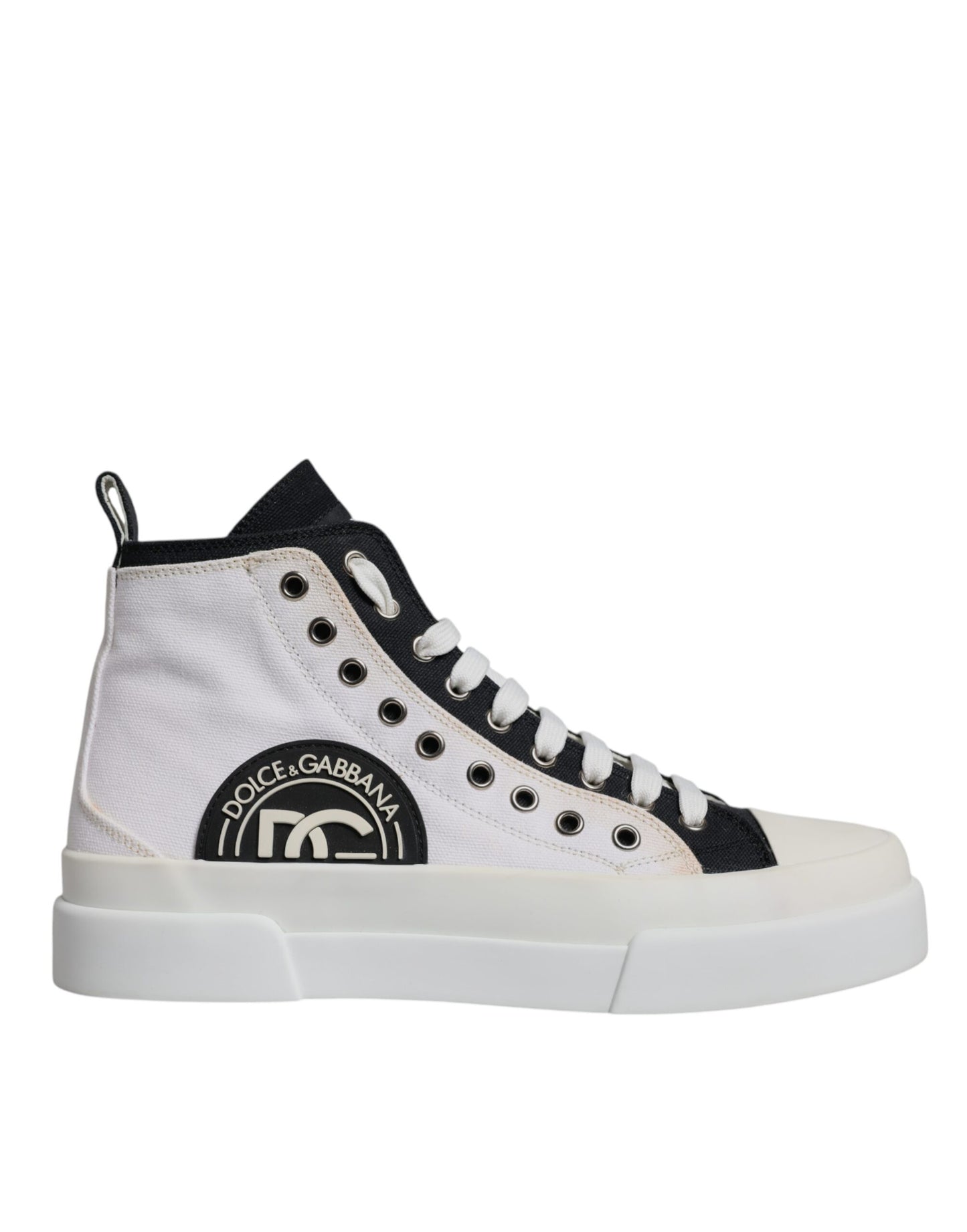 Dolce & Gabbana White Black Cotton High Top Sneakers Shoes by Dolce & Gabbana