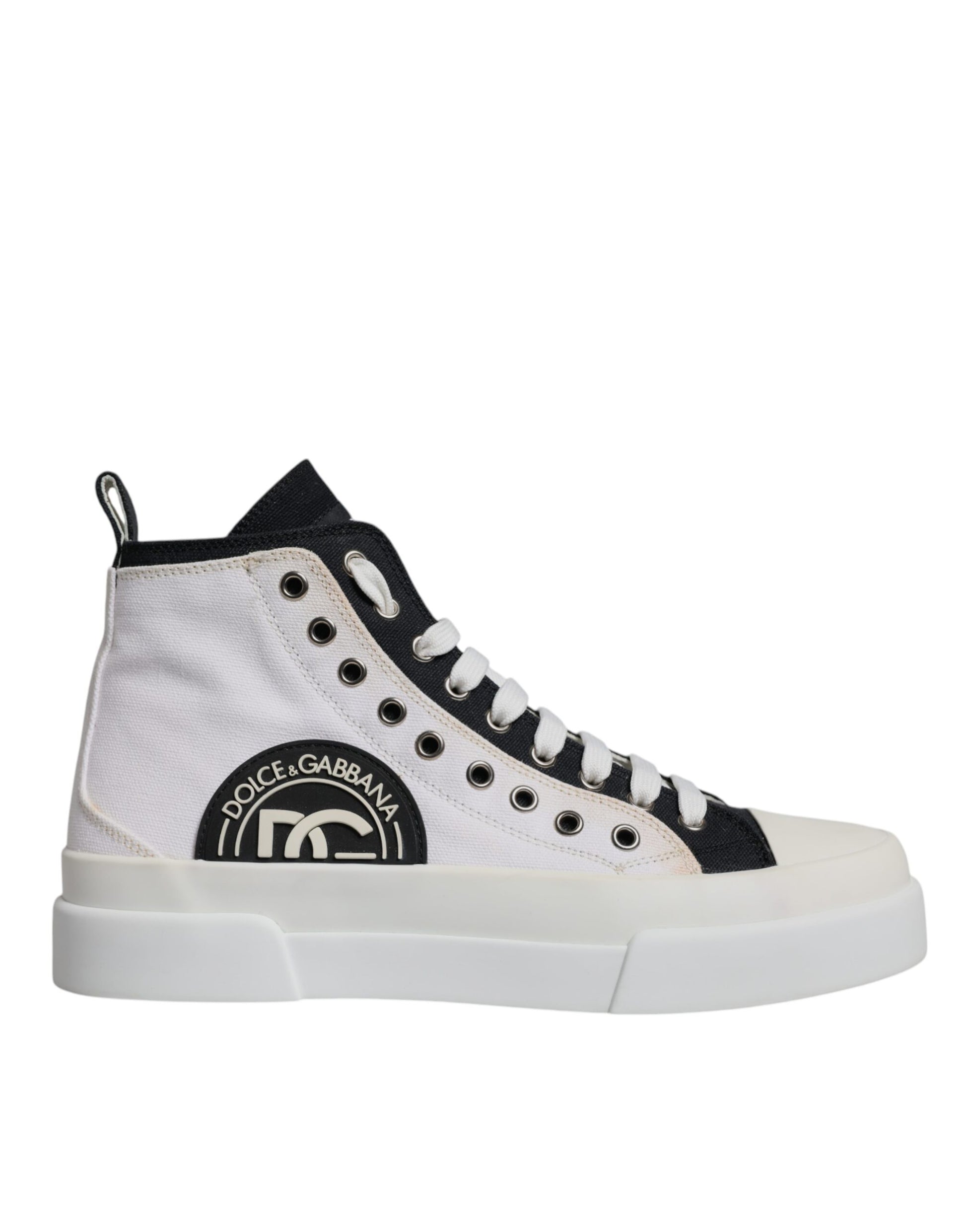 Dolce & Gabbana White Black Cotton High Top Sneakers Shoes by Dolce & Gabbana