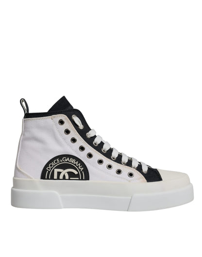 Dolce & Gabbana White Black Cotton High Top Sneakers Shoes by Dolce & Gabbana