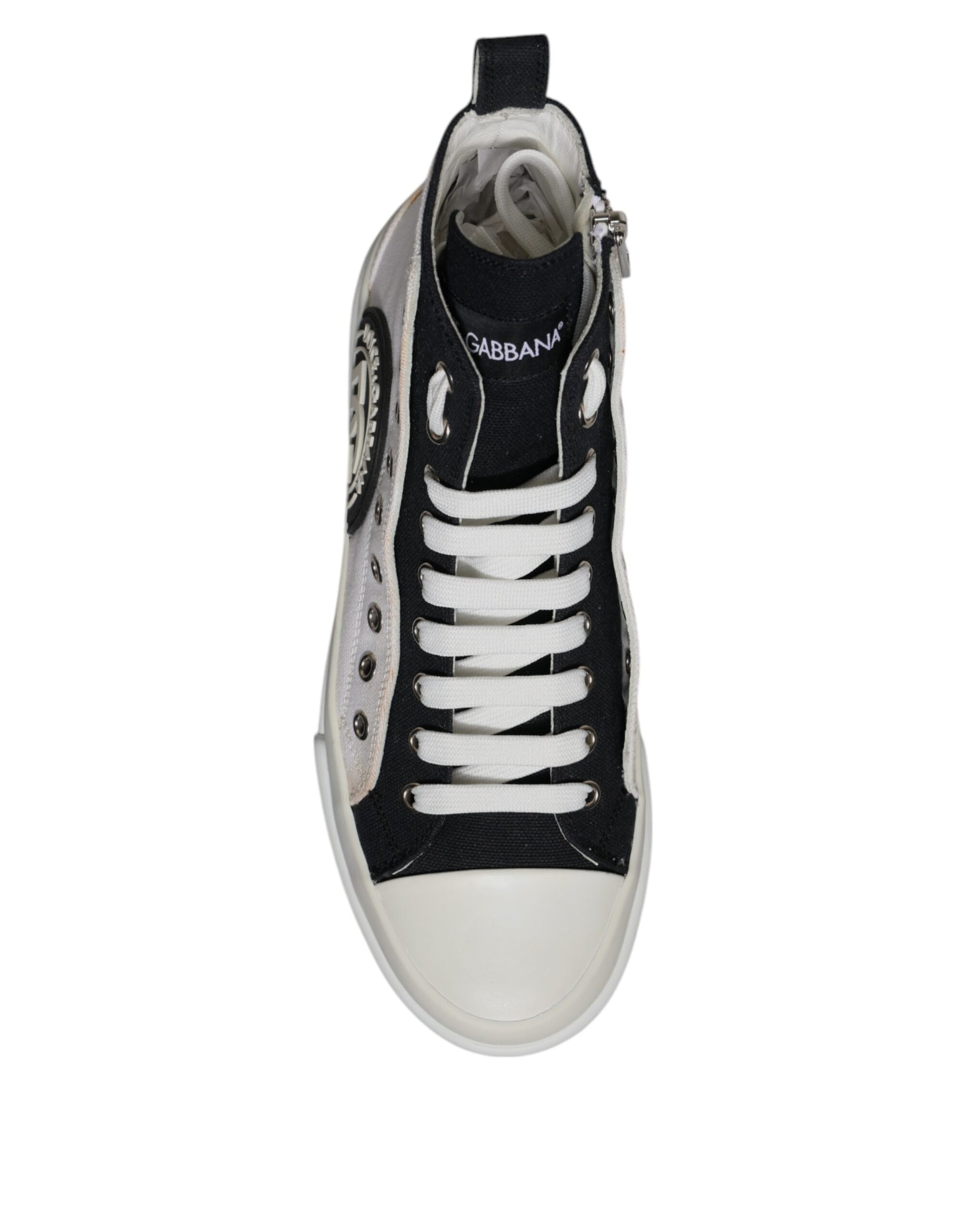 Dolce & Gabbana White Black Cotton High Top Sneakers Shoes by Dolce & Gabbana