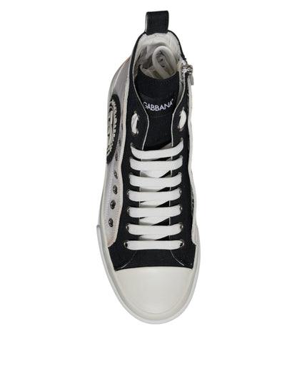 Dolce & Gabbana White Black Cotton High Top Sneakers Shoes by Dolce & Gabbana