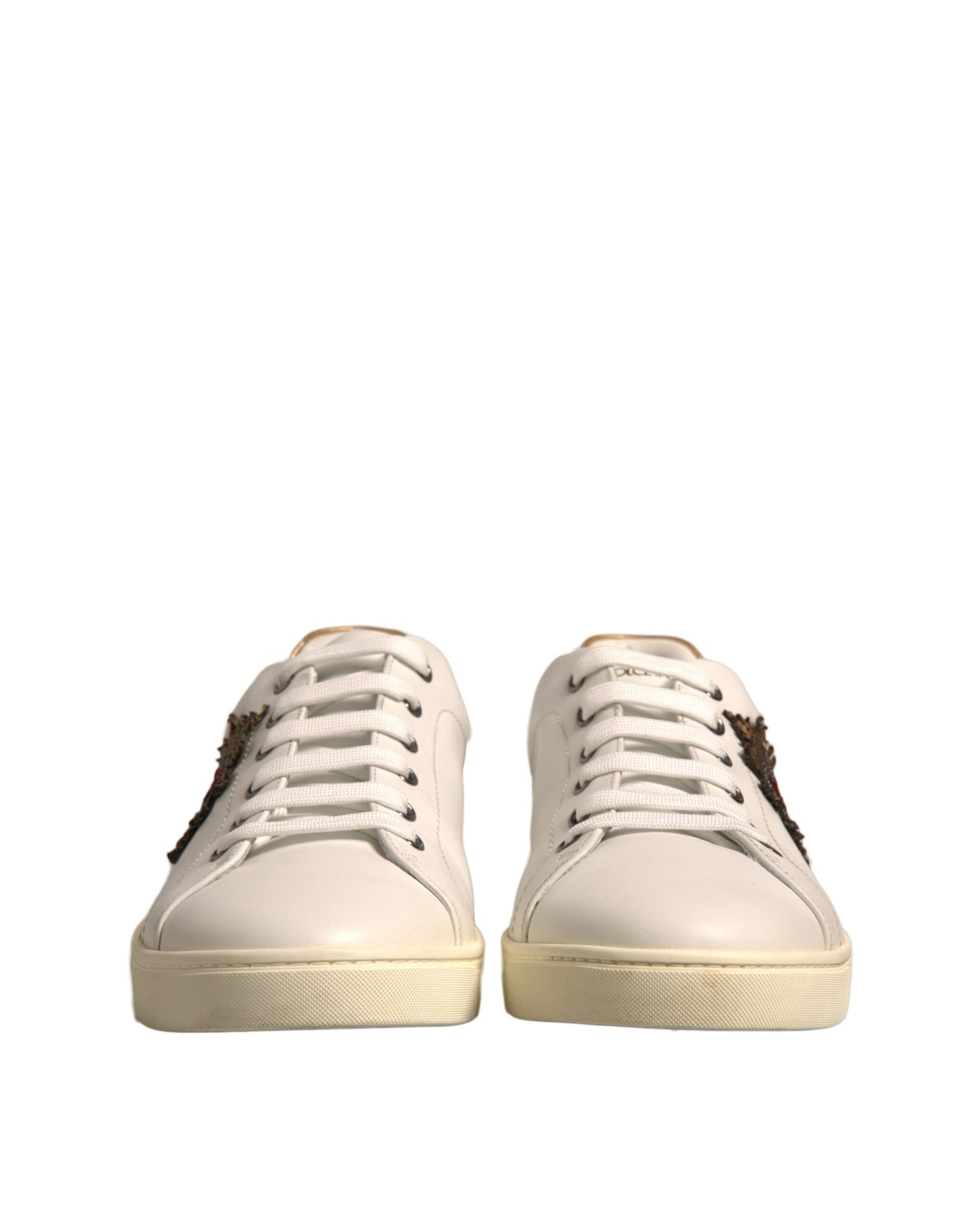 Dolce & Gabbana White Leather Heart Embellished Sneakers Shoes by Dolce & Gabbana