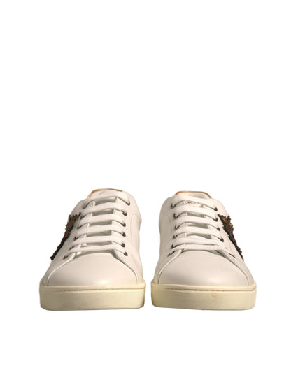 Dolce & Gabbana White Leather Heart Embellished Sneakers Shoes by Dolce & Gabbana
