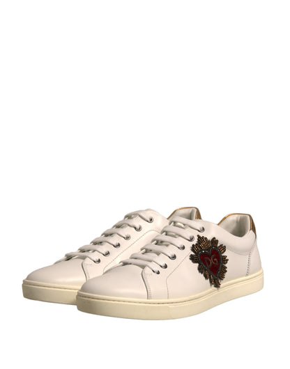 Dolce & Gabbana White Leather Heart Embellished Sneakers Shoes by Dolce & Gabbana