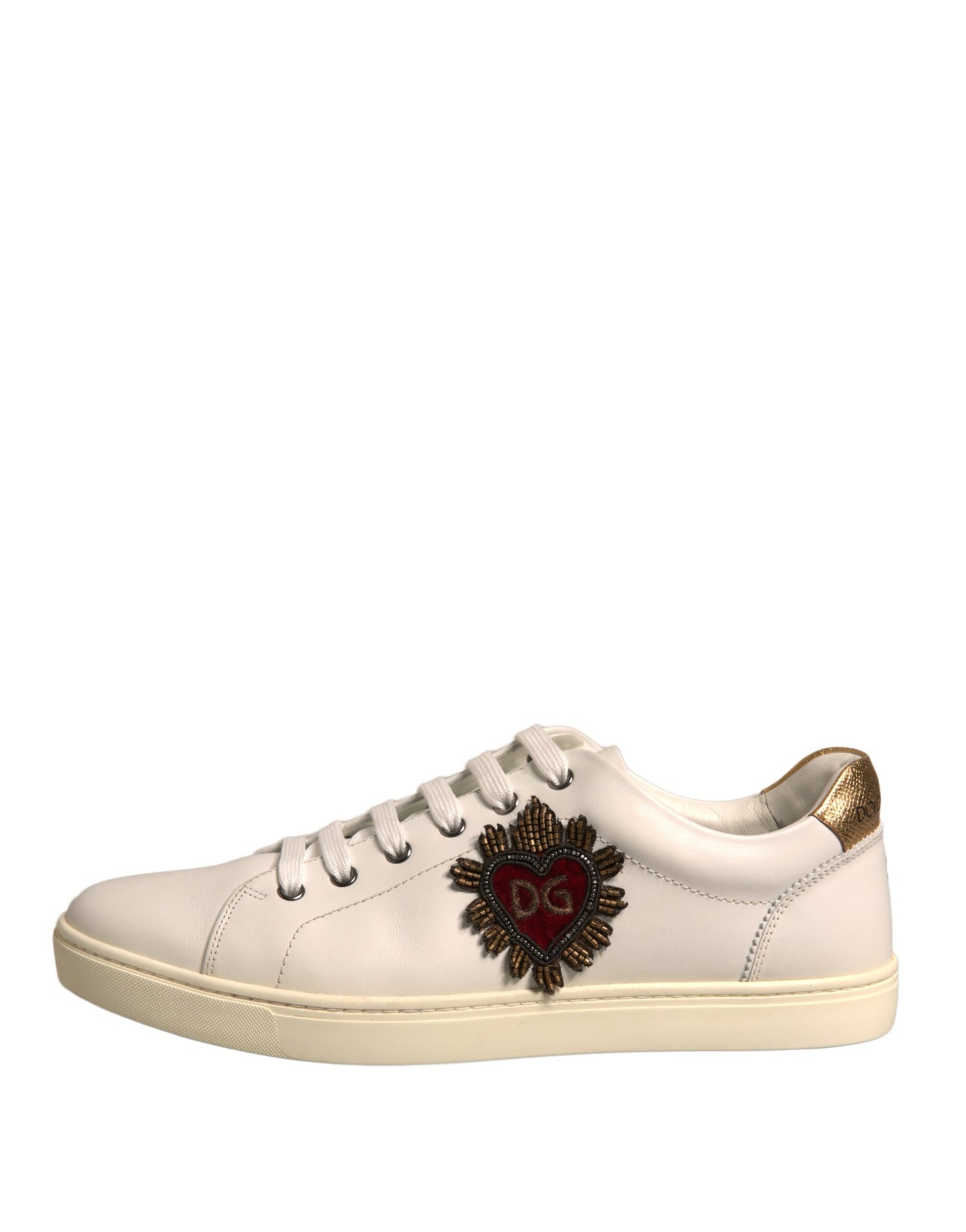 Dolce & Gabbana White Leather Heart Embellished Sneakers Shoes by Dolce & Gabbana