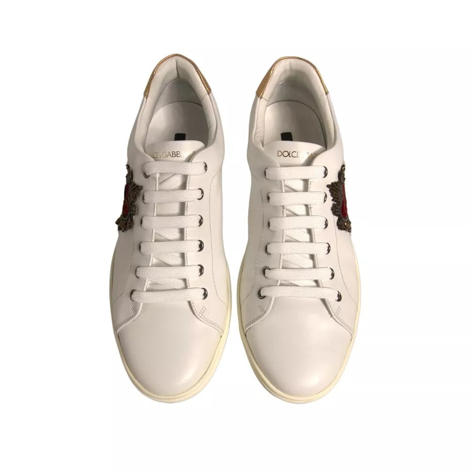Dolce & Gabbana White Leather Heart Embellished Sneakers Shoes by Dolce & Gabbana