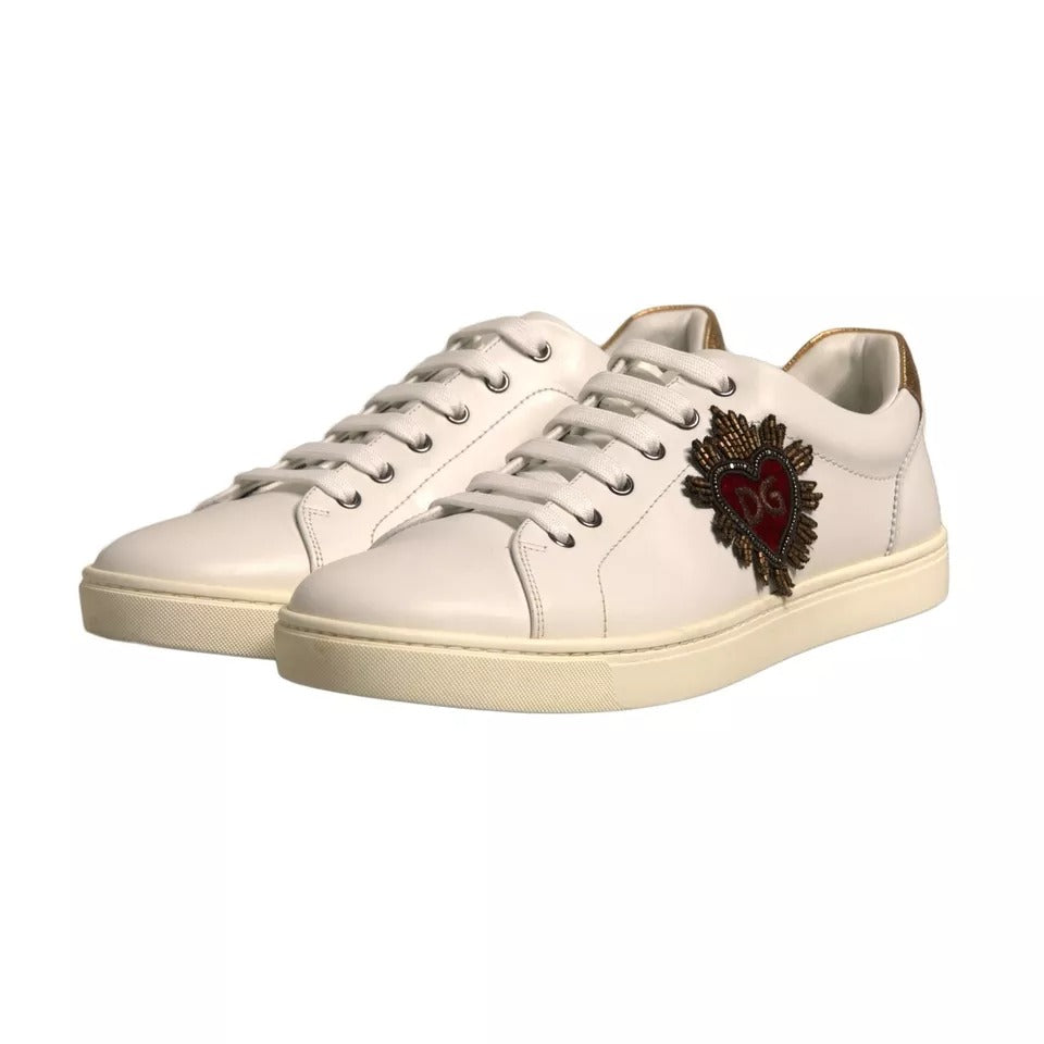 Dolce & Gabbana White Leather Heart Embellished Sneakers Shoes by Dolce & Gabbana
