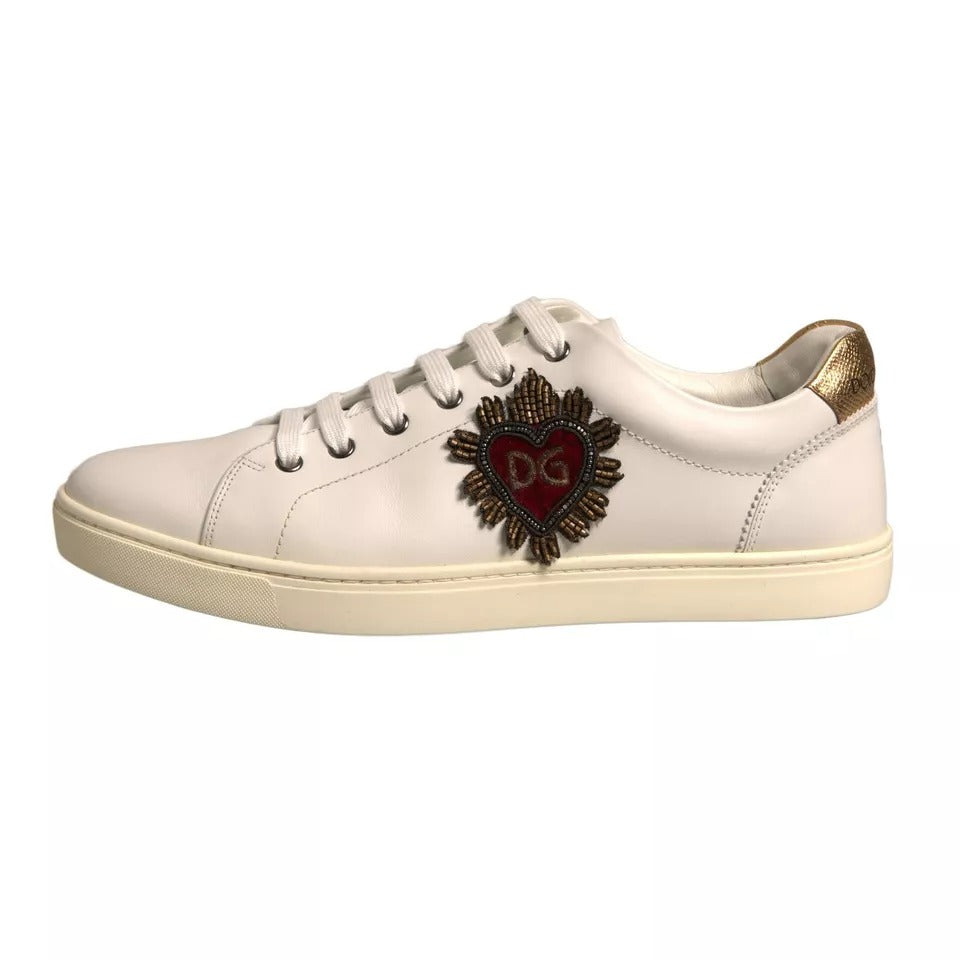 Dolce & Gabbana White Leather Heart Embellished Sneakers Shoes by Dolce & Gabbana