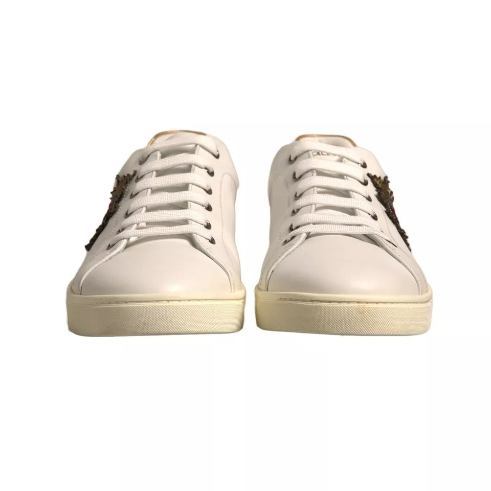 Dolce & Gabbana White Leather Heart Embellished Sneakers Shoes by Dolce & Gabbana
