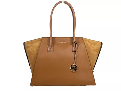 Sac cartable Michael Kors Avril XL en daim et cuir avec fermeture éclair sur le dessus, marron