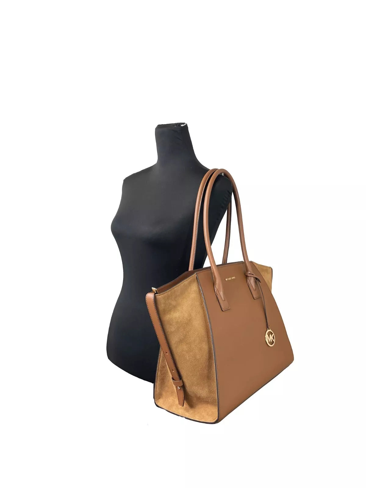 Sac cartable Michael Kors Avril XL en daim et cuir avec fermeture éclair sur le dessus, marron