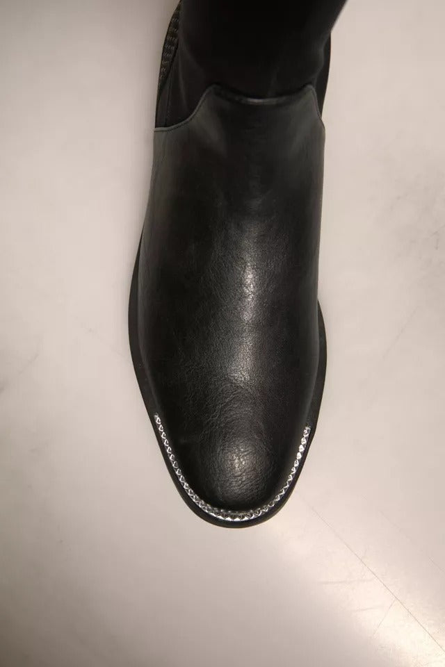 MY TWIN Black Leather Suede Flats High Boots Shoes by MY TWIN