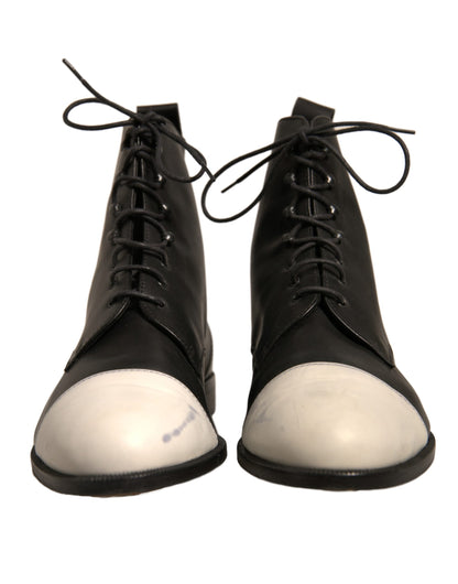 Sergio Rossi Black White Leather Lace Up Flats Ankle Boots Shoes by Sergio Rossi