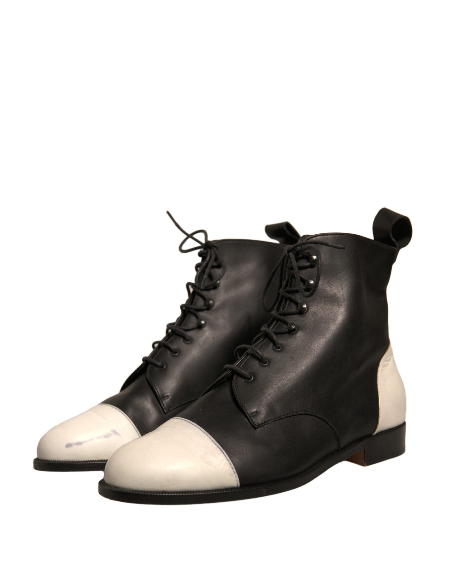 Sergio Rossi Black White Leather Lace Up Flats Ankle Boots Shoes by Sergio Rossi