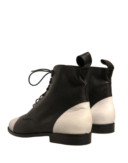 Sergio Rossi Black White Leather Lace Up Flats Ankle Boots Shoes by Sergio Rossi
