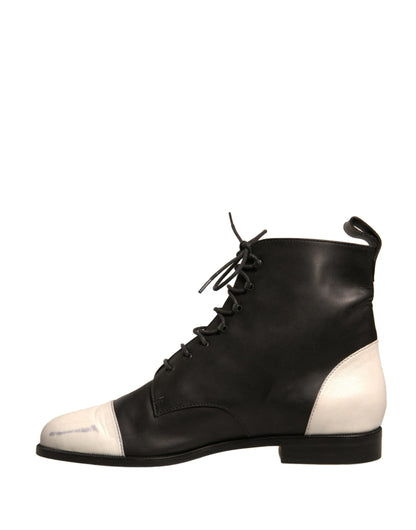 Sergio Rossi Black White Leather Lace Up Flats Ankle Boots Shoes by Sergio Rossi