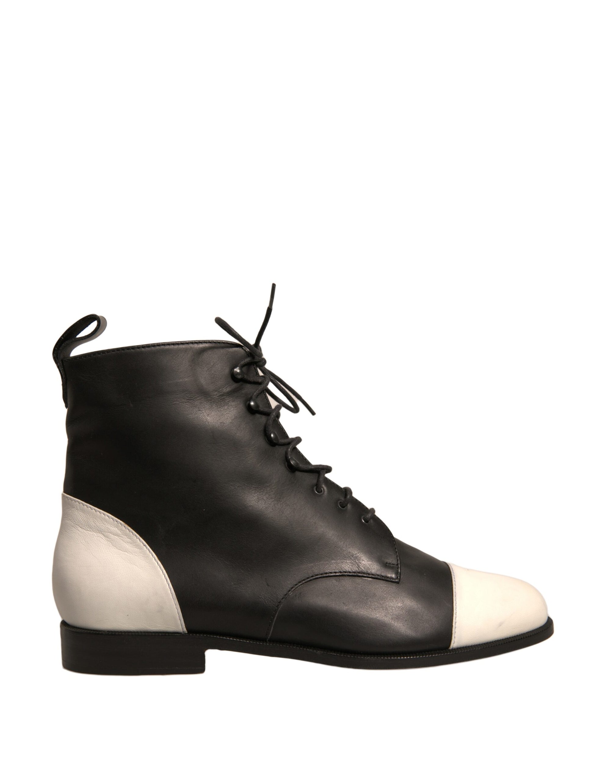 Sergio Rossi Black White Leather Lace Up Flats Ankle Boots Shoes by Sergio Rossi