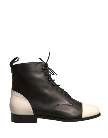 Sergio Rossi Black White Leather Lace Up Flats Ankle Boots Shoes by Sergio Rossi