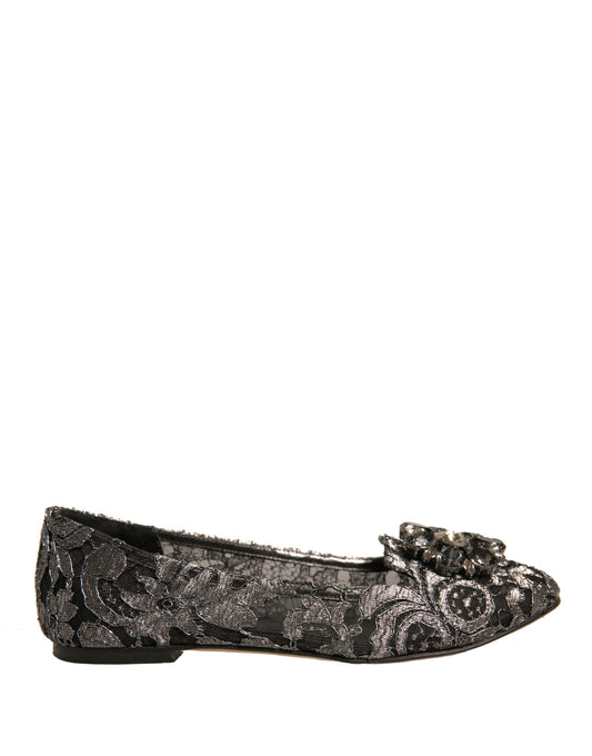 Dolce &amp; Gabbana Silver Crystal Loafer Lace Ballet Flats Shoes