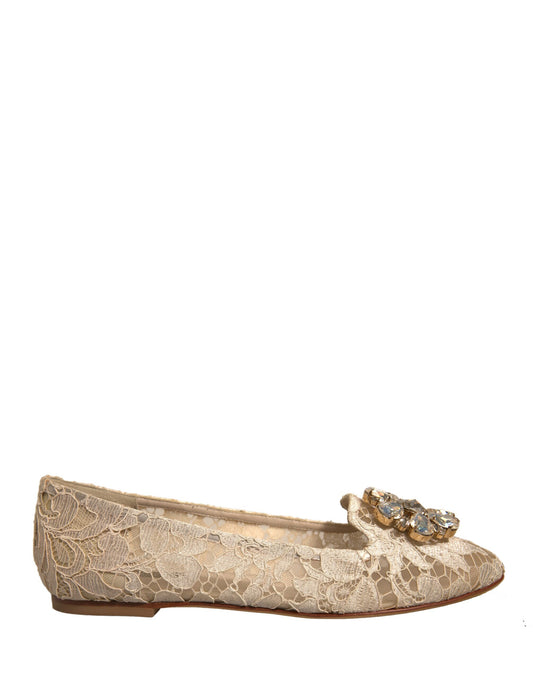 Dolce &amp; Gabbana Beige Crystal Loafer Lace Ballet Flats Shoes