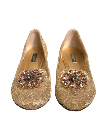 Dolce & Gabbana Gold Crystal Loafer Lace Ballet Flats Shoes by Dolce & Gabbana