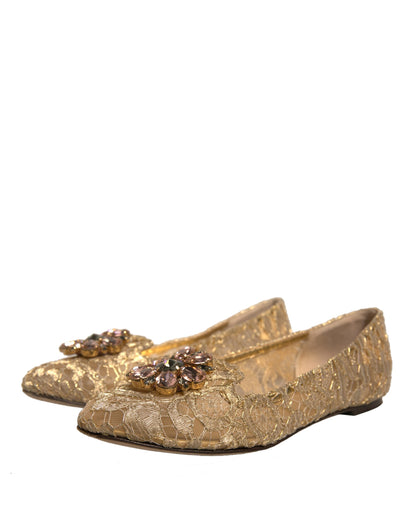 Dolce & Gabbana Gold Crystal Loafer Lace Ballet Flats Shoes by Dolce & Gabbana