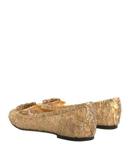 Dolce & Gabbana Gold Crystal Loafer Lace Ballet Flats Shoes by Dolce & Gabbana