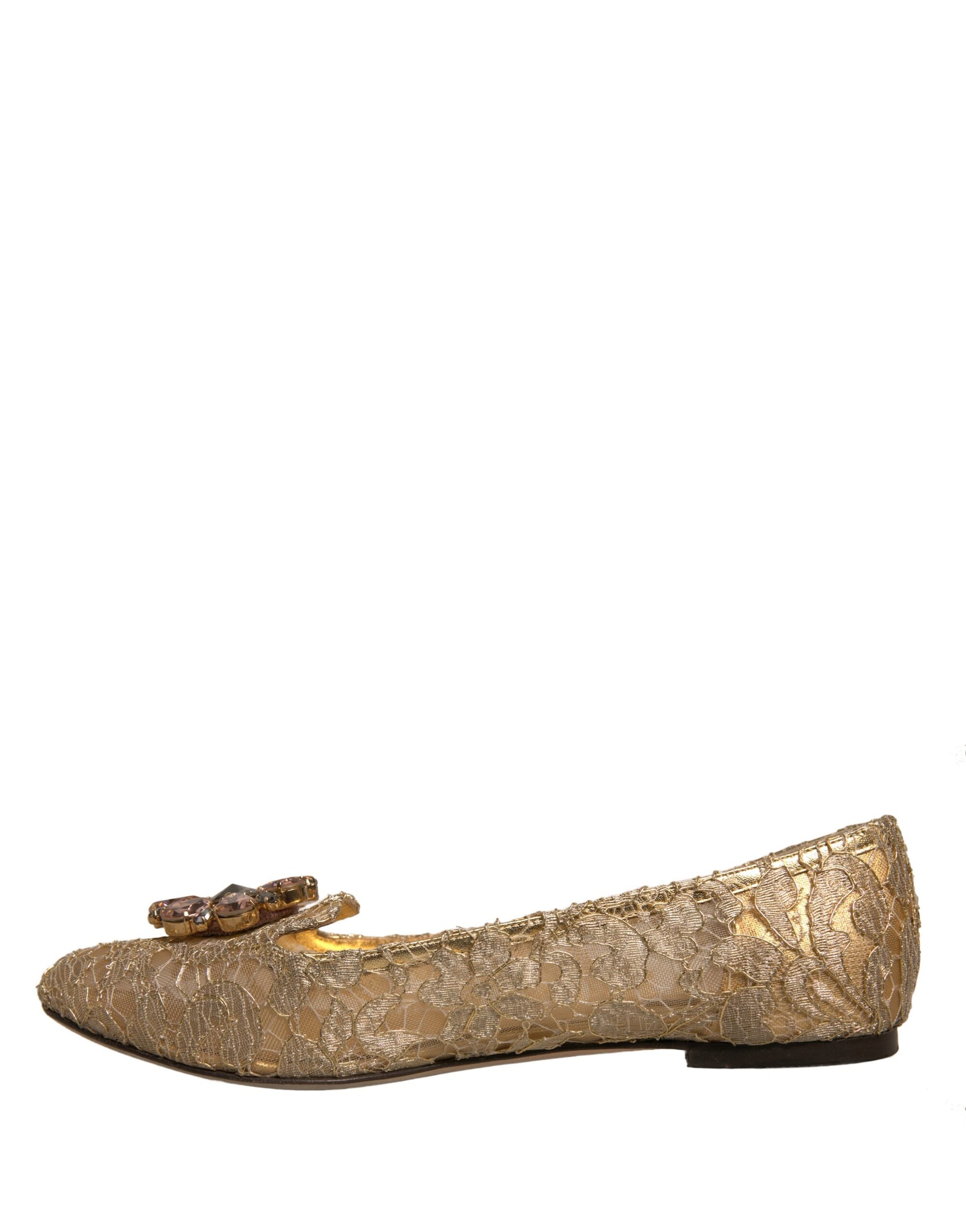 Dolce & Gabbana Gold Crystal Loafer Lace Ballet Flats Shoes by Dolce & Gabbana