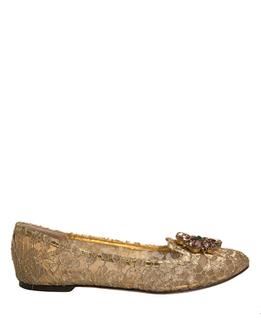Dolce &amp; Gabbana Gold Crystal Loafer Lace Ballet Flats Shoes