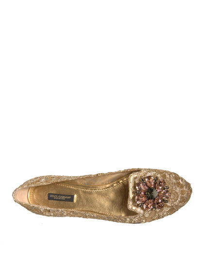 Dolce & Gabbana Gold Crystal Loafer Lace Ballet Flats Shoes by Dolce & Gabbana