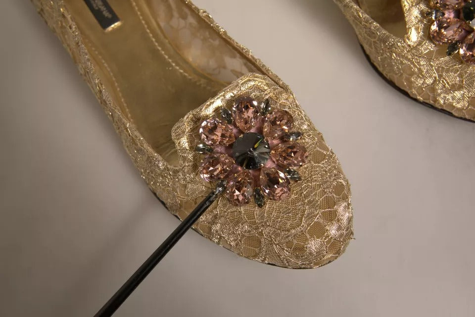 Dolce & Gabbana Gold Crystal Loafer Lace Ballet Flats Shoes by Dolce & Gabbana