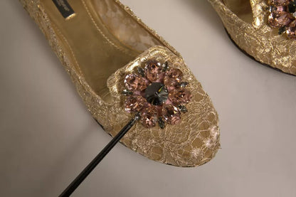 Dolce & Gabbana Gold Crystal Loafer Lace Ballet Flats Shoes by Dolce & Gabbana