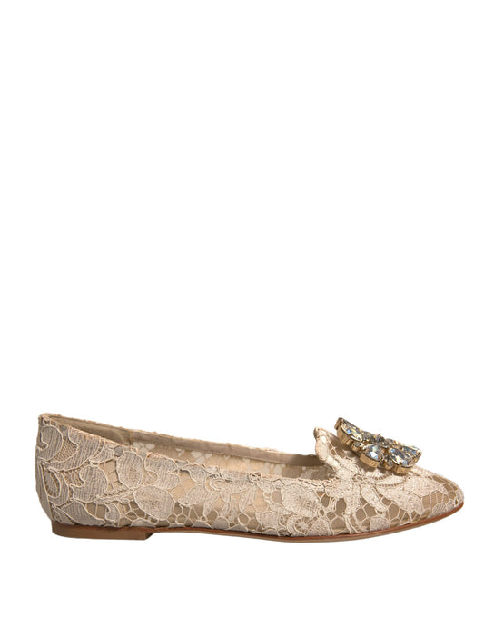 Dolce &amp; Gabbana Beige Crystal Loafer Lace Ballet Flats Shoes