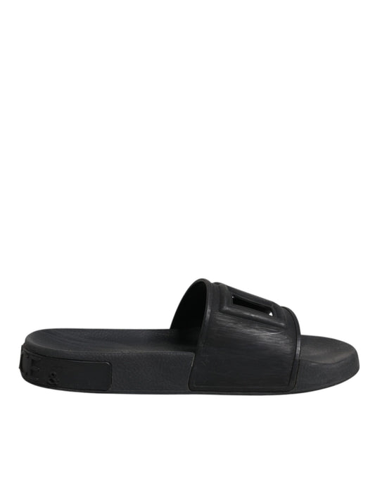 Dolce &amp; Gabbana Black Rubber Slides Sandals Beachwear Shoes
