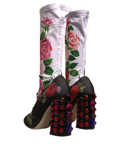 Dolce & Gabbana Black Floral Socks Crystal Boots Jersey Shoes by Dolce & Gabbana