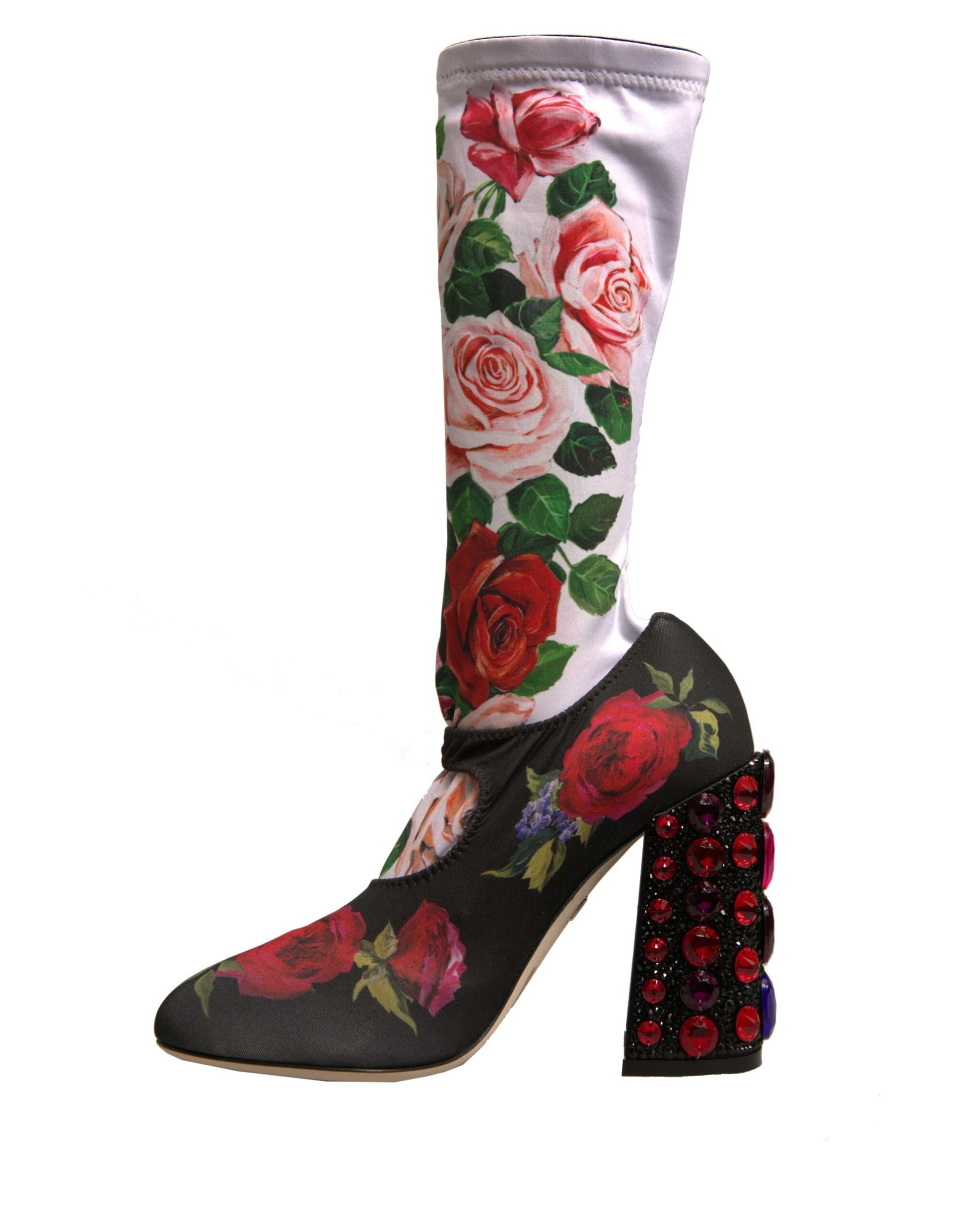 Dolce & Gabbana Black Floral Socks Crystal Boots Jersey Shoes by Dolce & Gabbana