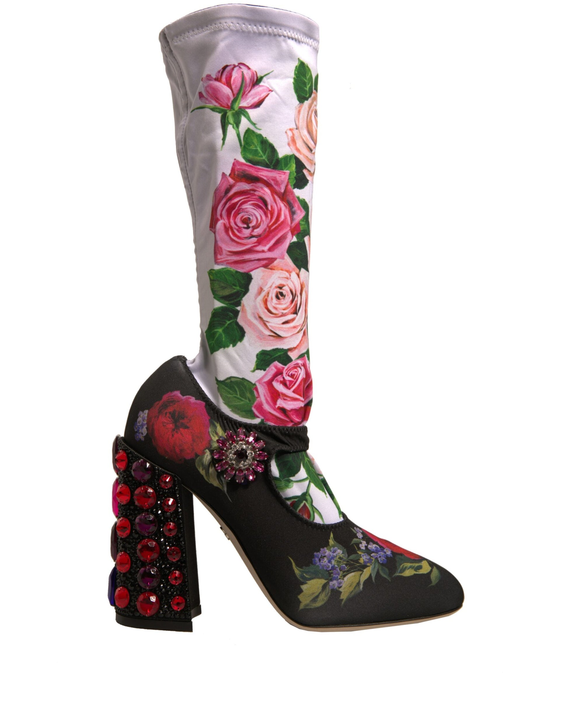 Dolce & Gabbana Black Floral Socks Crystal Boots Jersey Shoes by Dolce & Gabbana