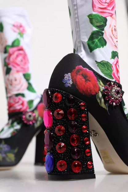 Dolce & Gabbana Black Floral Socks Crystal Boots Jersey Shoes by Dolce & Gabbana