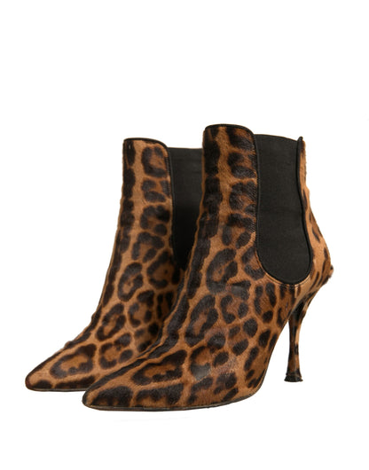 Dolce & Gabbana Brown Leopard Leather Stretch Heels Boots Shoes by Dolce & Gabbana