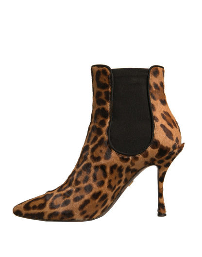 Dolce & Gabbana Brown Leopard Leather Stretch Heels Boots Shoes by Dolce & Gabbana